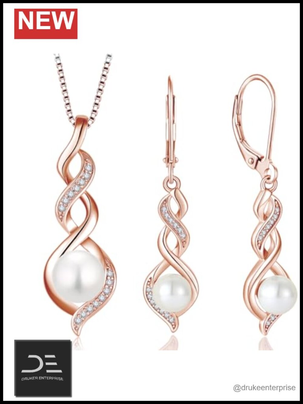 Pearl Pendant Necklace and Earrings Set for Women, 925 Sterling Silver Dainty